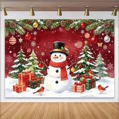 Lofaris Toile de fond de Noël bonhomme de neige et sapins enneigés avec cadeaux, magnifique décor festif d'hiver pour studio photo