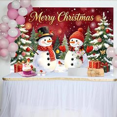 Lofaris Toile de fond de Noël rouge avec bonhommes de neige et sapins enneigés, décor festif pour célébrations d'hiver et studio photo