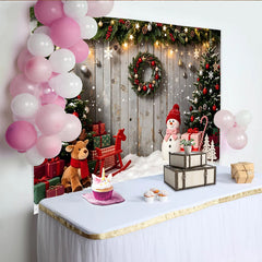 Lofaris Toile de fond de Noël avec sapins enneigés, bonhomme de neige et cadeaux, décor rustique en bois pour photographie de fête