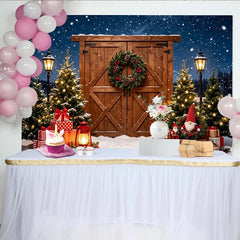 Lofaris Toile de fond de Noël enneigée, portes en bois et guirlande, décor festif d'hiver avec cadeaux et lumières