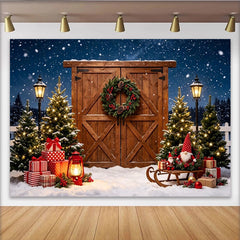 Lofaris Toile de fond de Noël enneigée, portes en bois et guirlande, décor festif d'hiver avec cadeaux et lumières