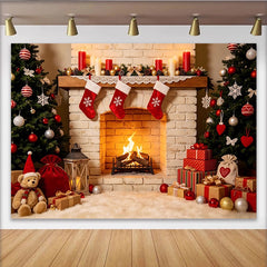 Lofaris Toile de fond de Noël avec cheminée, sapins et cadeaux, magnifique arrière-plan festif pour studio photo et fête d'hiver