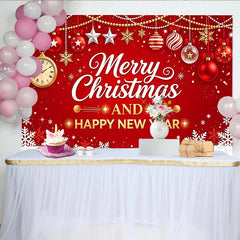 Lofaris Toile de fond de Noël et du Nouvel An rouge avec ornements dorés et flocons, arrière-plan festif pour célébrations de fin d'année