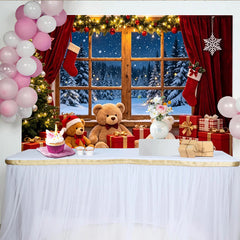Lofaris Toile de fond de Noël avec sapin, cadeaux et ours en peluche, décor de fenêtre enneigée pour photographie d'hiver