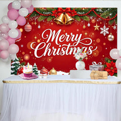 Lofaris Toile de fond de Noël rouge avec Joyeux Noël, clochettes et branches de pin, magnifique décor de fête hivernale pour studio photo