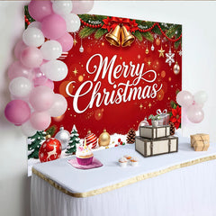 Lofaris Toile de fond de Noël rouge avec Joyeux Noël, clochettes et branches de pin, magnifique décor de fête hivernale pour studio photo