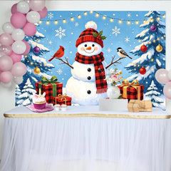 Lofaris Toile de fond de Noël bonhomme de neige sapins et cadeaux sous la neige, arrière-plan hivernal festif pour photographie de vacances