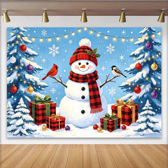 Lofaris Toile de fond de Noël bonhomme de neige sapins et cadeaux sous la neige, arrière-plan hivernal festif pour photographie de vacances