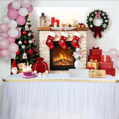Lofaris Toile de fond de Noël cheminée sapin et cadeaux, décor festif hivernal pour photos de famille et studio