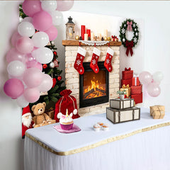 Lofaris Toile de fond de Noël cheminée sapin et cadeaux, décor festif hivernal pour photos de famille et studio