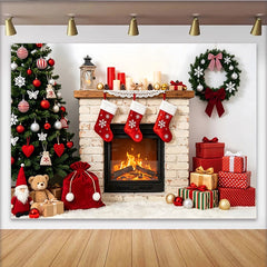 Lofaris Toile de fond de Noël cheminée sapin et cadeaux, décor festif hivernal pour photos de famille et studio