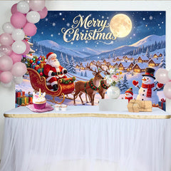 Lofaris Toile de fond de Noël avec Père Noël, rennes et village enneigé, magnifique décor d'hiver pour fête et studio photo