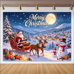 Lofaris Toile de fond de Noël avec Père Noël, rennes et village enneigé, magnifique décor d'hiver pour fête et studio photo