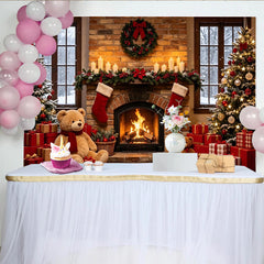 Lofaris Toile de fond de Noël avec cheminée, sapins illuminés et cadeaux, magnifique arrière-plan chaleureux pour fête de famille