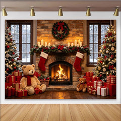 Lofaris Toile de fond de Noël avec cheminée, sapins illuminés et cadeaux, magnifique arrière-plan chaleureux pour fête de famille
