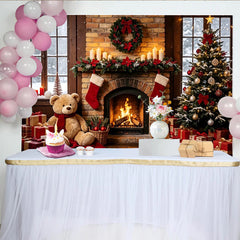 Lofaris Toile de fond de Noël cheminée festive avec sapin et cadeaux, magnifique décor d'hiver pour photos de famille