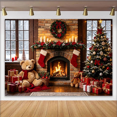 Lofaris Toile de fond de Noël cheminée festive avec sapin et cadeaux, magnifique décor d'hiver pour photos de famille