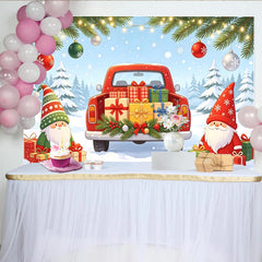 Lofaris Toile de fond de Noël avec camion rouge, gnomes et cadeaux, magnifique arrière-plan hivernal sous la neige pour studio photo et fête