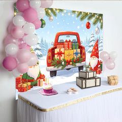 Lofaris Toile de fond de Noël avec camion rouge, gnomes et cadeaux, magnifique arrière-plan hivernal sous la neige pour studio photo et fête