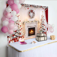Lofaris Toile de fond de Noël élégante avec arbres blancs enneigés et cheminée, magnifique arrière-plan festif pour studio photo