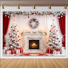 Lofaris Toile de fond de Noël élégante avec arbres blancs enneigés et cheminée, magnifique arrière-plan festif pour studio photo