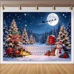 Lofaris Toile de fond de Noël enneigée avec sapins lumineux et père Noël, magnifique arrière-plan de nuit d'hiver pour studio photo