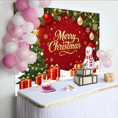 Lofaris Toile de fond Joyeux Noël avec bonhomme de neige, sapin et cadeaux, décoration festive pour studio photo et célébrations d'hiver