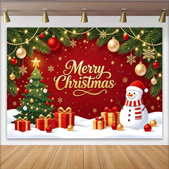Lofaris Toile de fond Joyeux Noël avec bonhomme de neige, sapin et cadeaux, décoration festive pour studio photo et célébrations d'hiver