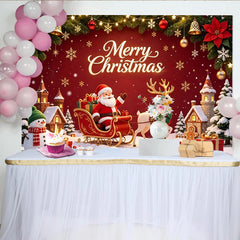 Lofaris Toile de fond de Noël joyeux avec Père Noël, renne et bonhomme de neige, arrière-plan hivernal avec maisons enneigées et cadeaux