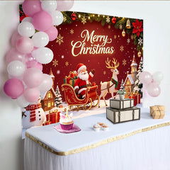 Lofaris Toile de fond de Noël joyeux avec Père Noël, renne et bonhomme de neige, arrière-plan hivernal avec maisons enneigées et cadeaux