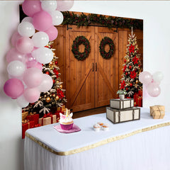Lofaris Toile de fond de Noël avec sapins enneigés et poinsettias rouges, décor rustique pour studio photo et fêtes de fin d'année