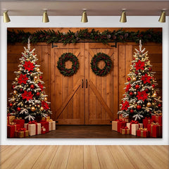 Lofaris Toile de fond de Noël avec sapins enneigés et poinsettias rouges, décor rustique pour studio photo et fêtes de fin d'année