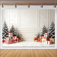Lofaris Toile de fond de Noël enneigée avec sapins et cadeaux rouges, décor d'hiver pour studio photo et fête