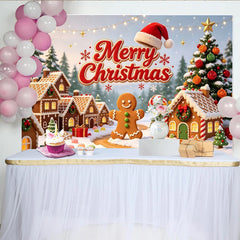 Lofaris Toile de fond de Noël joyeuse avec maisons en pain d'épices, décor de sapin enneigé et lumières festives pour ambiance hivernale