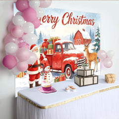 Lofaris Toile de fond de Noël avec Père Noël, camion rouge et cadeaux sous la neige, arrière-plan festif pour studio photo et fête