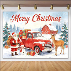 Lofaris Toile de fond de Noël avec Père Noël, camion rouge et cadeaux sous la neige, arrière-plan festif pour studio photo et fête