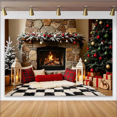 Lofaris Toile de fond de Noël cheminée en pierre avec sapin enneigé et cadeaux, magnifique décor d'hiver chaleureux pour studio photo