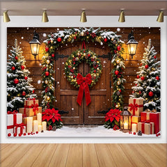 Lofaris Toile de fond de Noël porte en bois enneigée avec guirlande et couronne, décor de fête hivernal pour studio photo