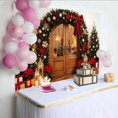 Lofaris Toile de fond de Noël élégante avec guirlande verte et nœud rouge, magnifique décor festif pour studio photo et fête