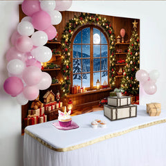 Lofaris Toile de fond de Noël avec fenêtre enneigée et cadeaux, magnifique décor festif pour studio photo d'hiver
