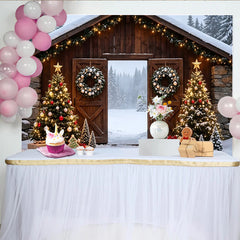 Lofaris Toile de fond de Noël rustique avec grange enneigée et sapins décorés, arrière-plan de photographie hivernale pour fêtes