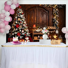 Lofaris Toile de fond de Noël avec sapin enneigé et cadeaux, décor rustique en bois, magnifique arrière-plan festif pour studio photo