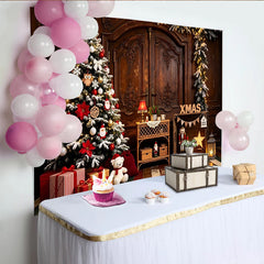 Lofaris Toile de fond de Noël avec sapin enneigé et cadeaux, décor rustique en bois, magnifique arrière-plan festif pour studio photo