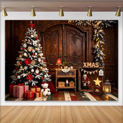 Lofaris Toile de fond de Noël avec sapin enneigé et cadeaux, décor rustique en bois, magnifique arrière-plan festif pour studio photo