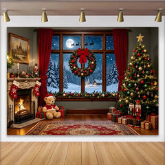 Lofaris Toile de fond de Noël cheminée sapin et père noël, scène hivernale festive, décor chaleureux pour studio photo