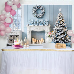 Lofaris Toile de fond hivernale Noël et Nouvel An 2026 bleue et blanche, magnifique décor de fête avec cheminée et cadeaux pour studio photo
