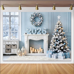 Lofaris Toile de fond hivernale Noël et Nouvel An 2026 bleue et blanche, magnifique décor de fête avec cheminée et cadeaux pour studio photo