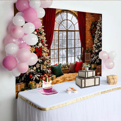 Lofaris Toile de fond de Noël enneigée avec sapins décorés et fenêtre hivernale, décor chaleureux pour studio photo et fêtes de fin d'année