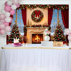 Lofaris Toile de fond de Noël cheminée sapins rideaux rouges, magnifique arrière-plan hivernal pour fête et studio photo