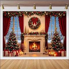 Lofaris Toile de fond de Noël cheminée sapins rideaux rouges, magnifique arrière-plan hivernal pour fête et studio photo